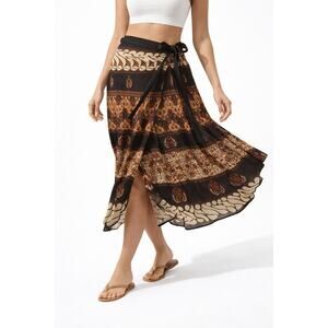 Bohemian Wrap Midi Skirt Brown Black Print Tie Waist One Size Flowy Boho
